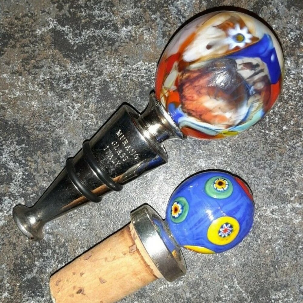 Murano Art Glass Wine Stopper Vintage Bottle Cork Set of 2 Bar Barware Italy